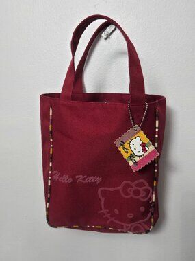 MINT Vintage Hello Kitty Tote Bag 2005 Sanrio Maroon Canvas W/ Charm Y2K